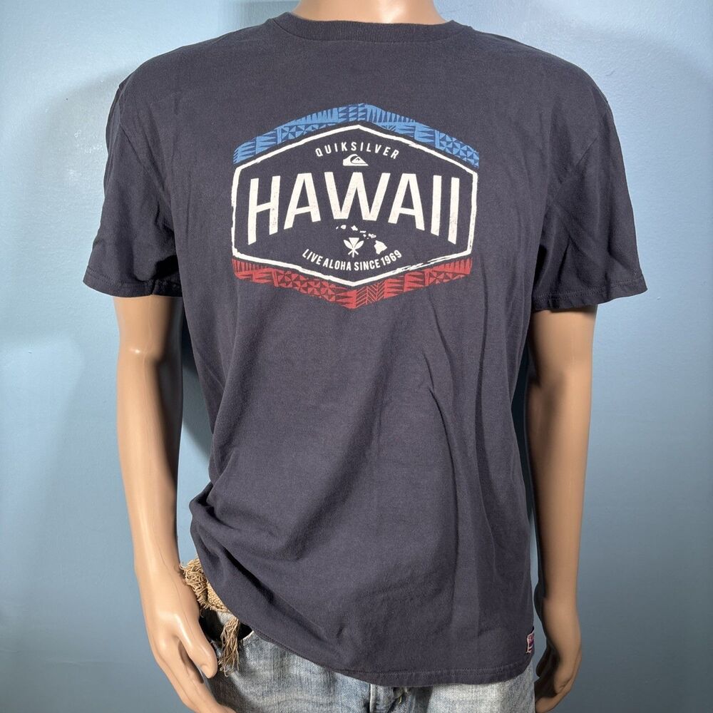 Quiksilver Board Riding Hawaii Surf Navy Blue T-shirt (Men L) Aloha Graphic Tee
